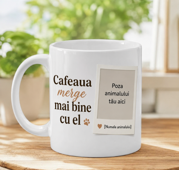 Cană personalizată cu poza animalului - „Cafeaua merge mai bine cu el”