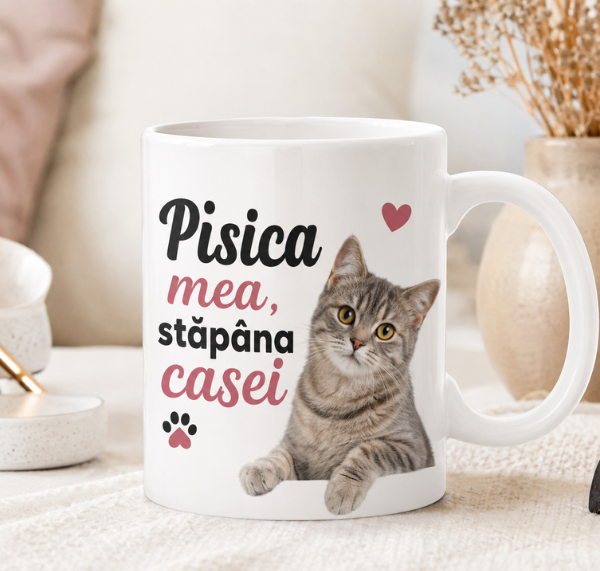 Cană cu pisică „Pisica mea, stăpâna casei” - Cadou amuzant