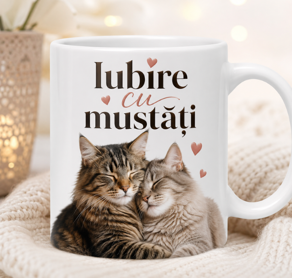 Cană cu pisici „Iubire cu mustăți”
