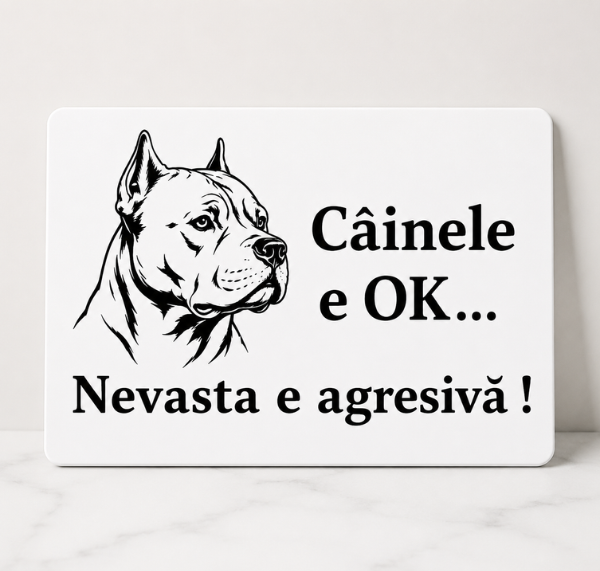Placă aluminiu decorativă amuzantă „Câinele e OK, nevasta e agresivă!”
