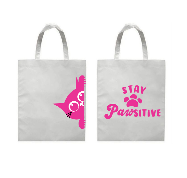 Sacoșă „Stay Pawsitive” cu pisică – Tote bag adorabil pentru iubitorii de pisici