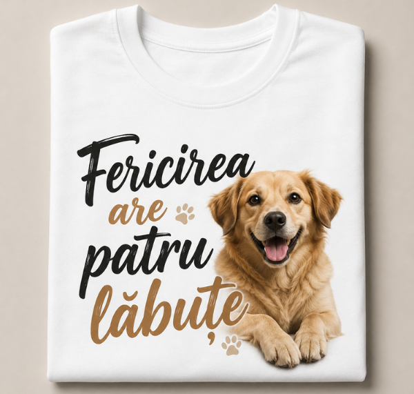 Tricou cu cățel „Fericirea are patru lăbuțe”