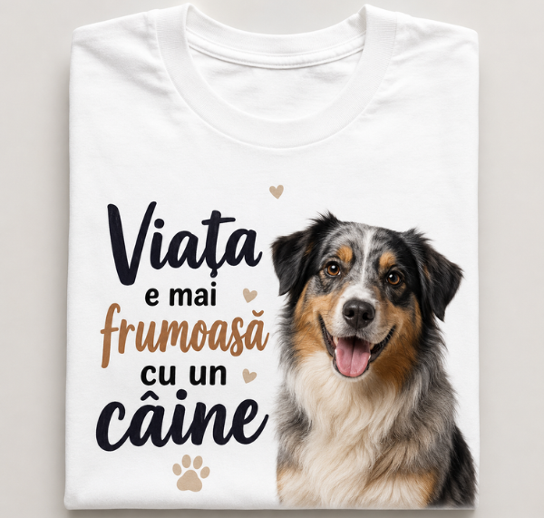 Tricou cu cățel „Viața e mai frumoasă cu un câine”