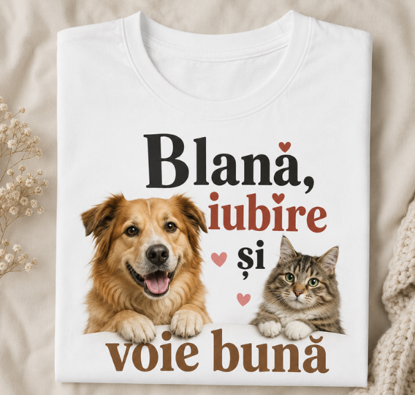 Tricou cu câine și pisică „Blană, iubire și voie bună”
